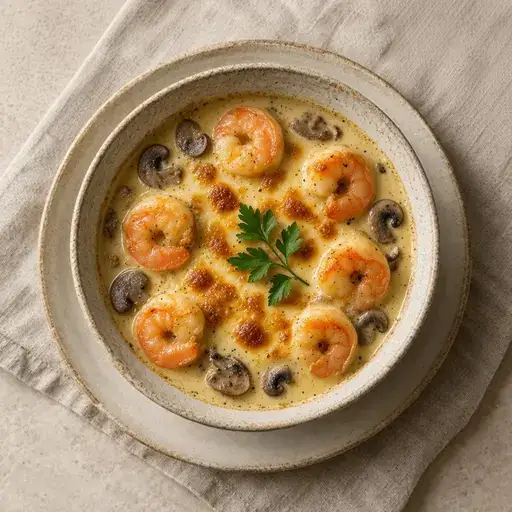 Kremalı mantarlı karides