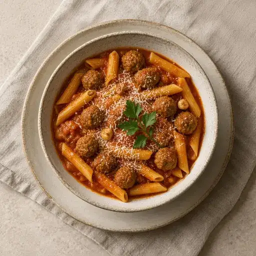 Mini köfteli domates soslu makarna